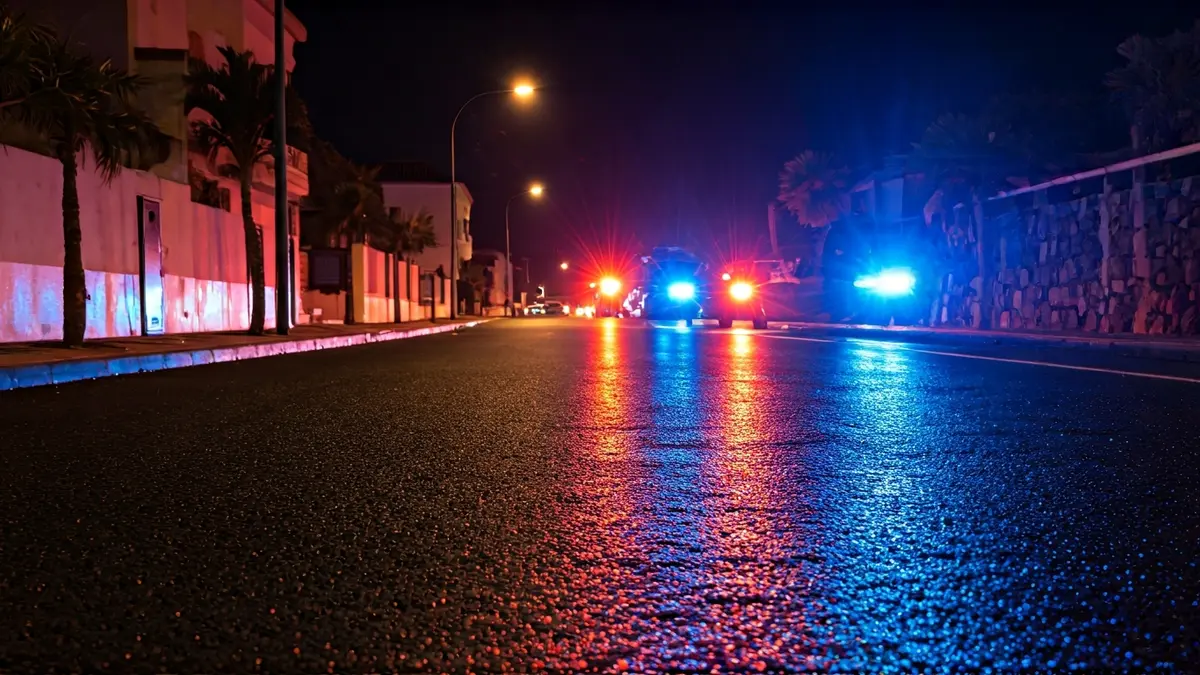 Generic image of police emergency lights reflected on wet asphalt.