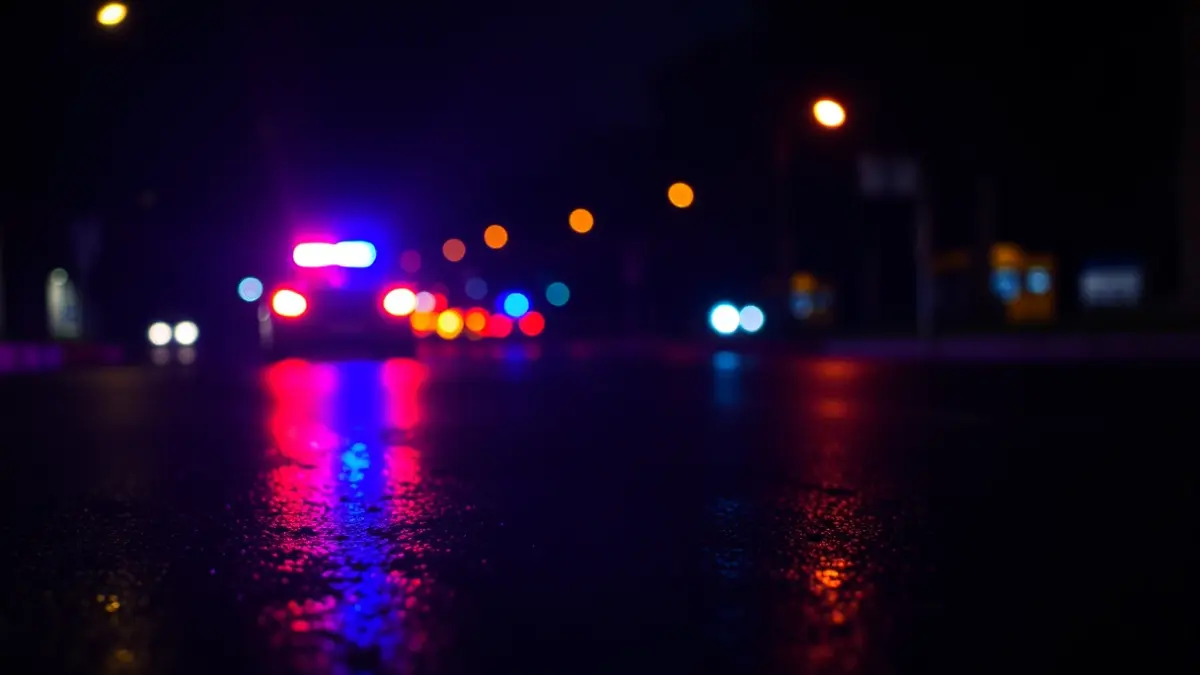 Imagen genérica de luces de emergencia de la policía reflejadas en el asfalto mojado por la noche.