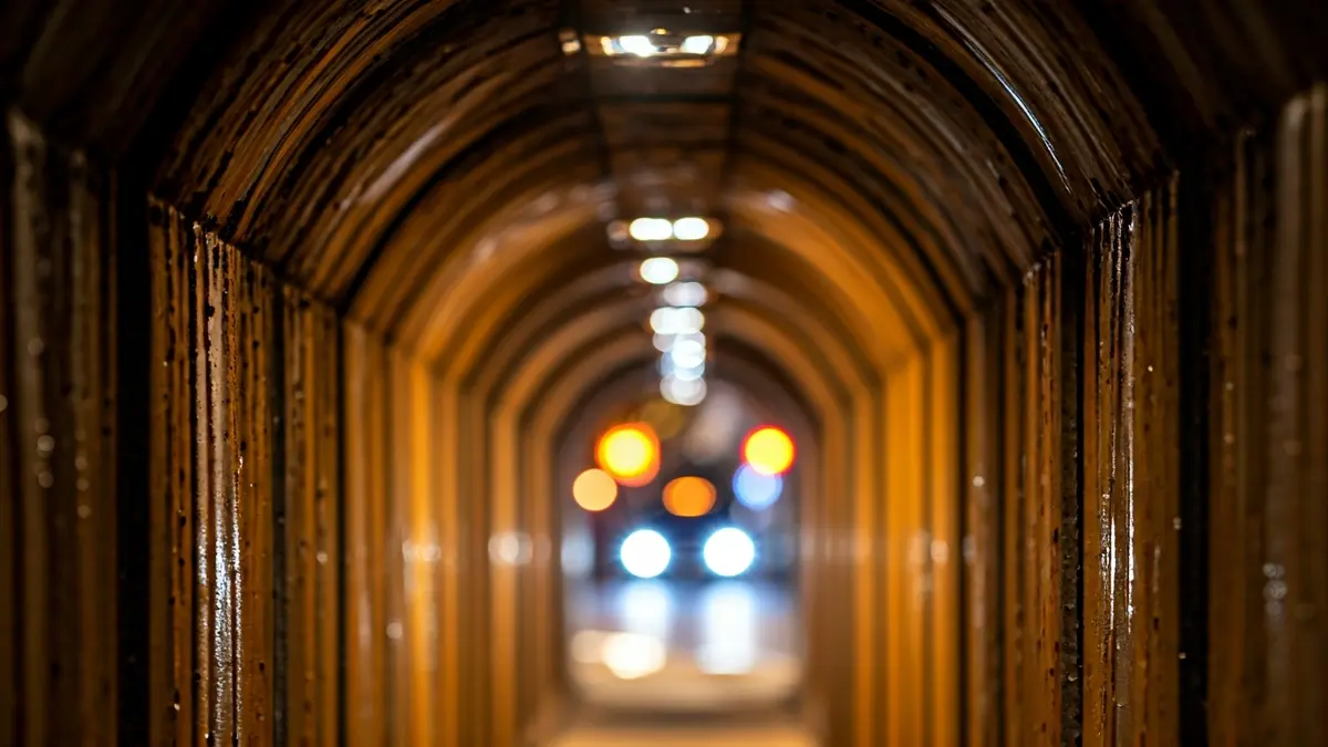 Imagen de la entrada de un túnel con óxido y filtraciones, mostrando deterioro.