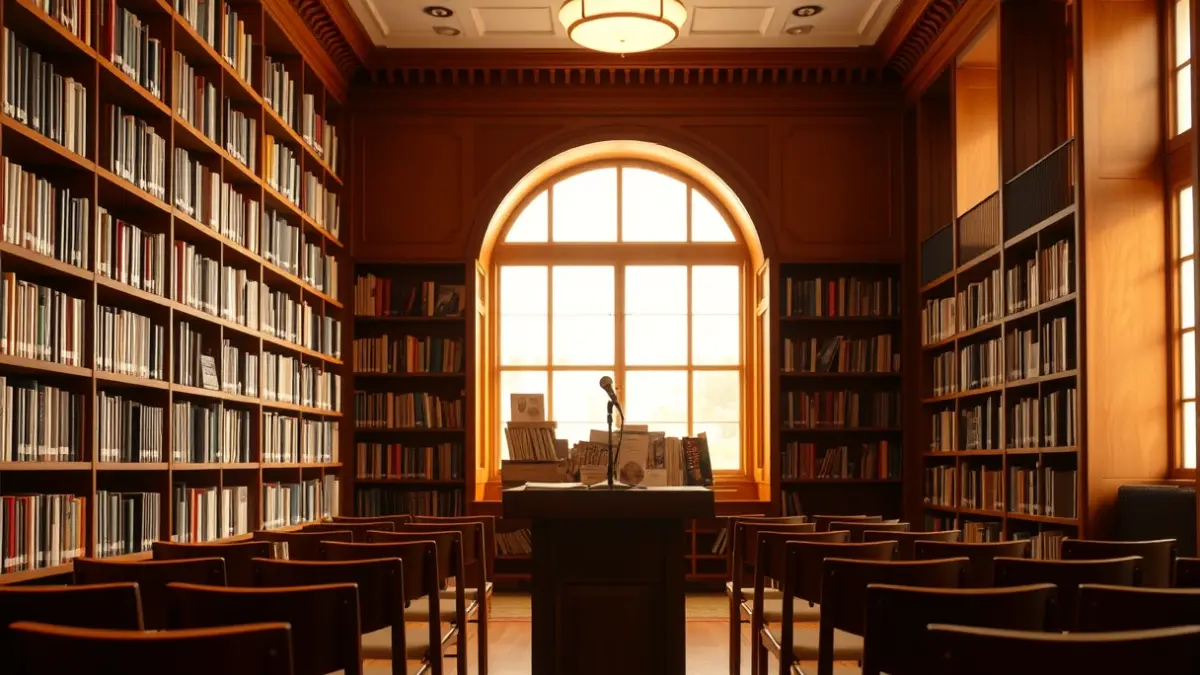 Imagen genérica de un interior de biblioteca con un micrófono en un podio, sillas vacías y estanterías de madera.