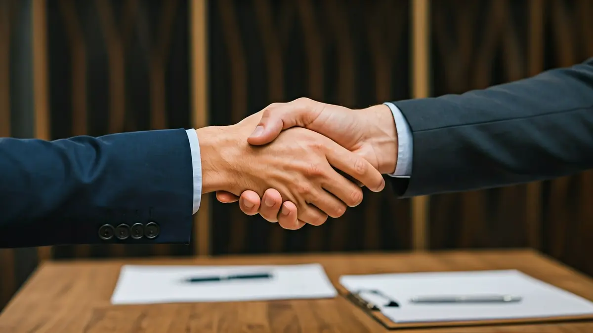 Generic image of two people shaking hands in an office setting, symbolizing professional collaboration.