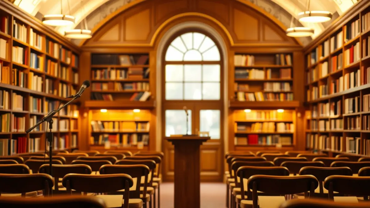 Generic image of a cultural space with a microphone and chairs, representing an event or presentation.