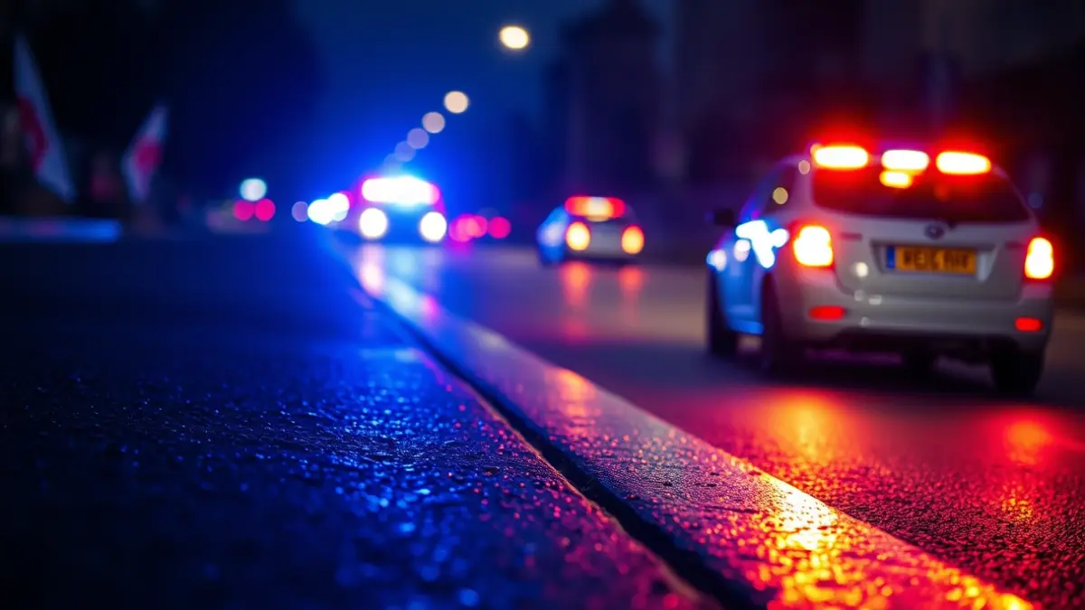 Imagen genérica de luces de emergencia en una carretera mojada por la noche.
