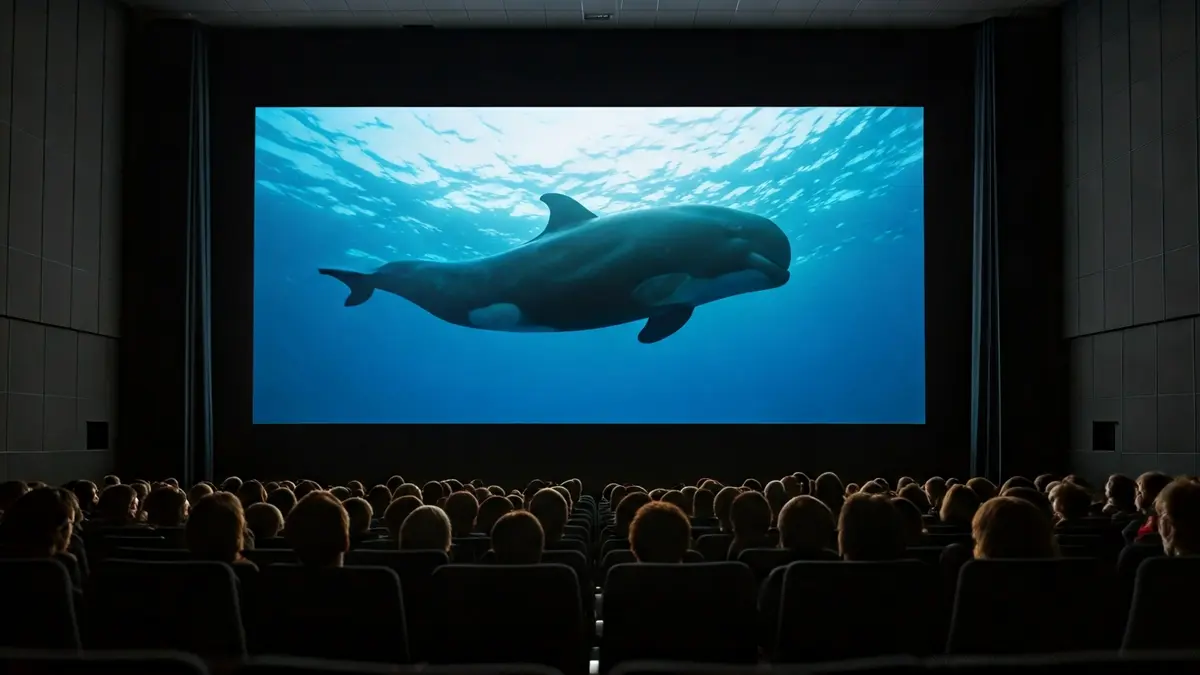 Image of a cinema hall full of audience watching a documentary about a tropical pilot whale.