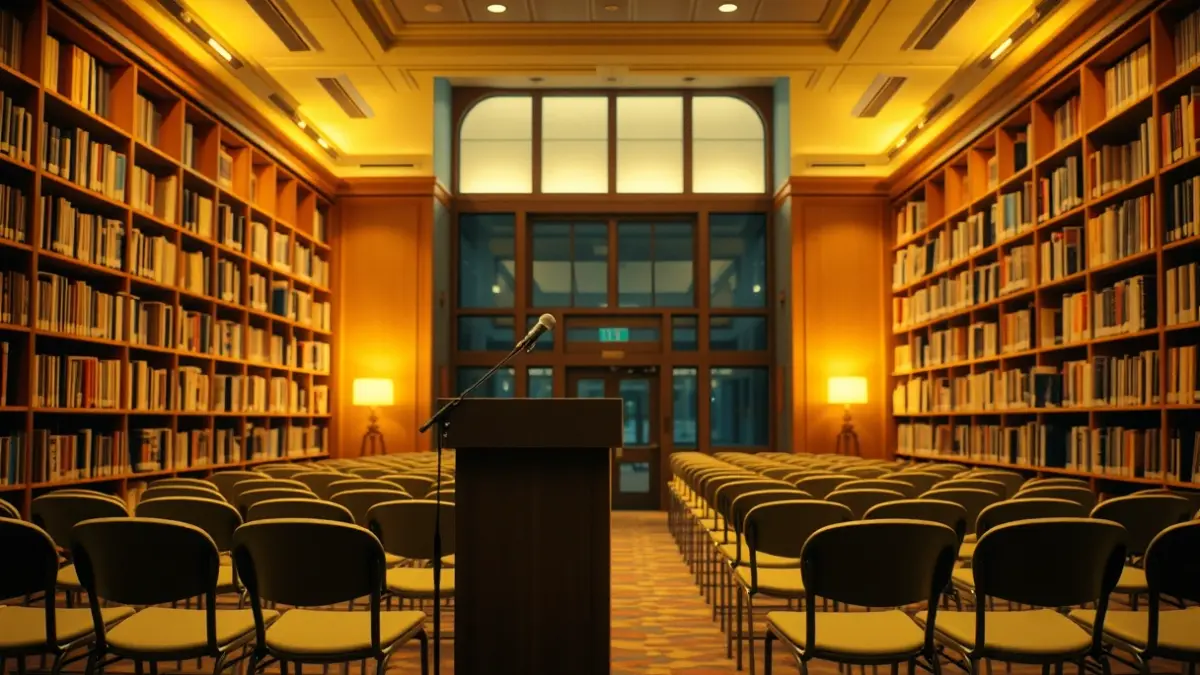 Imagen genérica de un auditorio o sala de cine, con un podio y sillas vacías, iluminado cálidamente.