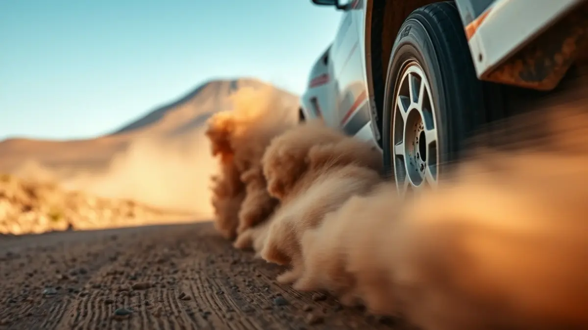 Image of a rally car in action on a dirt track, kicking up dust.