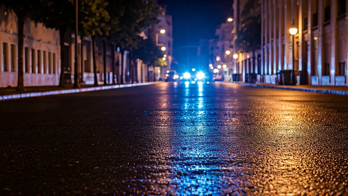 Imagen genérica de luces de emergencia reflejadas en el asfalto mojado por la noche.
