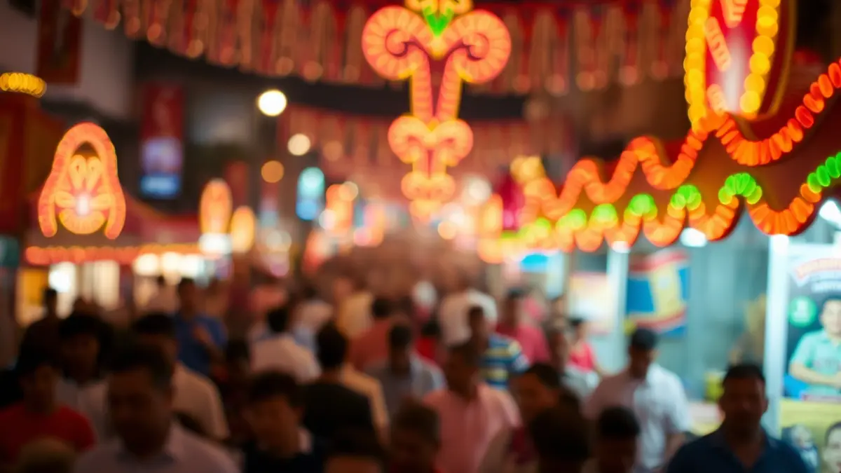 Imagen genérica de una multitud en un carnaval nocturno, con luces borrosas y ambiente caótico.