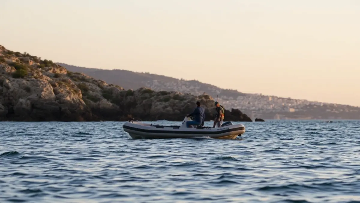 Imagen de una embarcación neumática llegando a la costa al atardecer con dos personas a bordo.