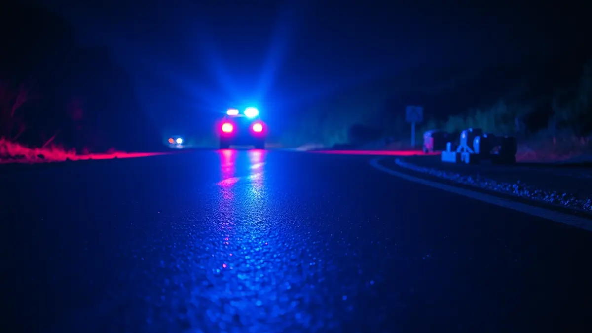Generic image of emergency lights reflecting on wet asphalt at night.