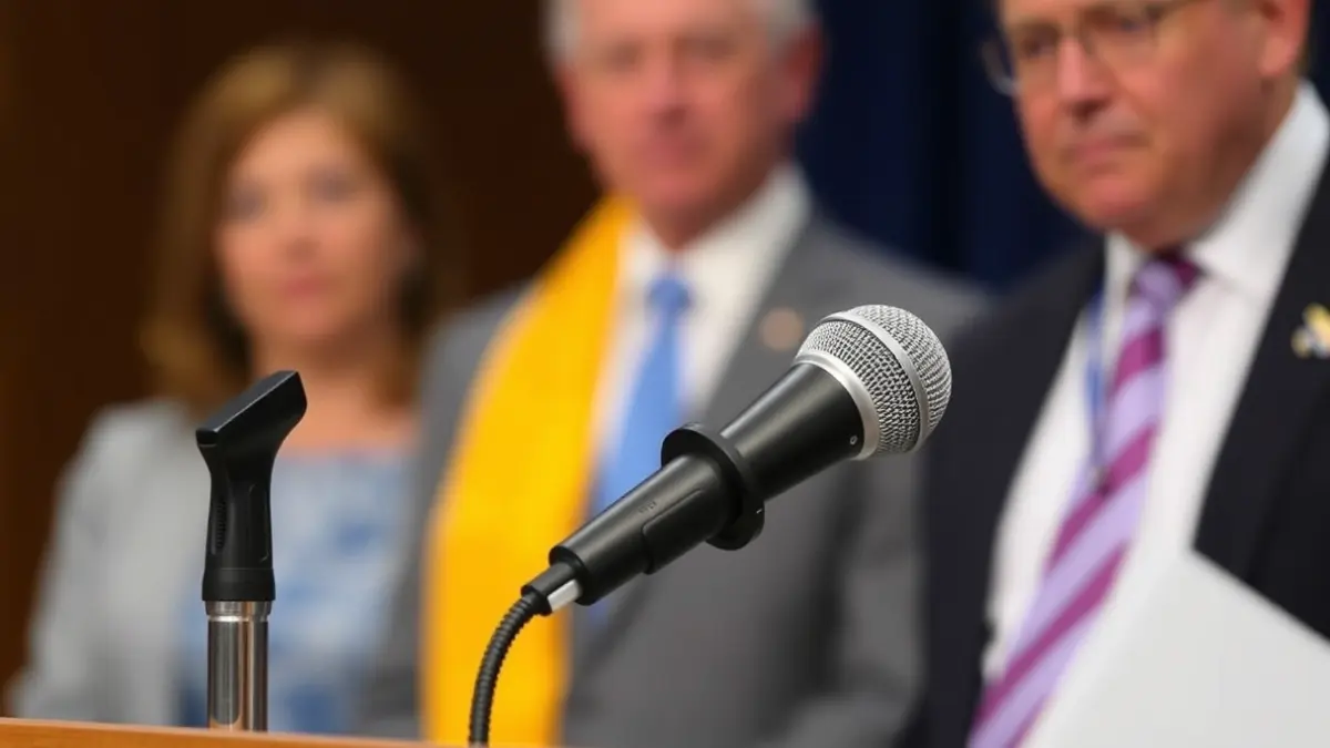 Generic image of a microphone on a podium during a press conference.