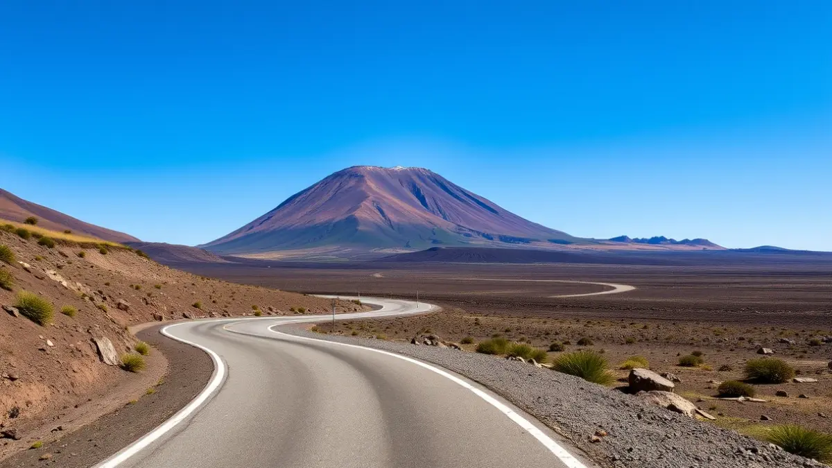 Imagen del paisaje volcánico del Parque Nacional del Teide en Tenerife, con una carretera serpenteante y vegetación escasa.