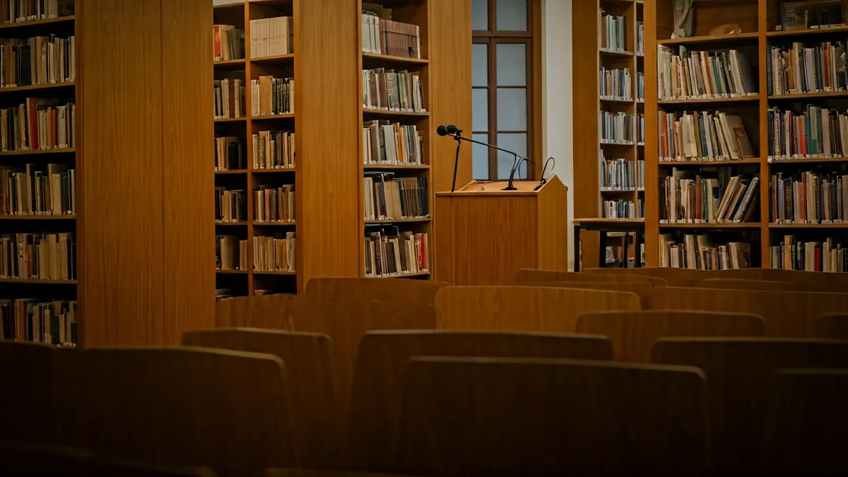 Imagen genérica de una presentación de libros en una biblioteca o sala de actos.