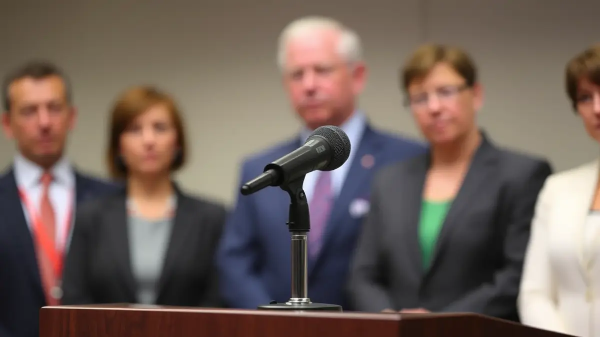 Generic image of a microphone on a podium during a press conference.
