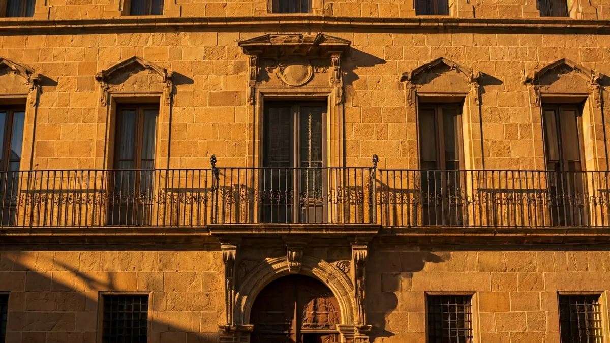 Fachada de un ayuntamiento de piedra con balcón y barandillas de hierro, bajo la luz del sol de la tarde.