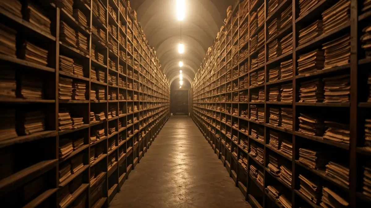 Imagen de un archivo histórico con documentos antiguos y estanterías de madera.