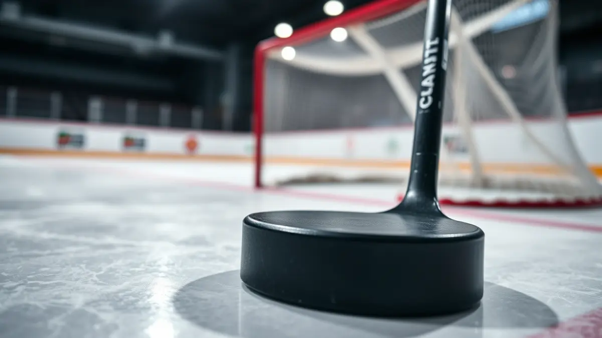 Generic image of a hockey puck on a rink, with a blurred hockey stick and goal net in the background.