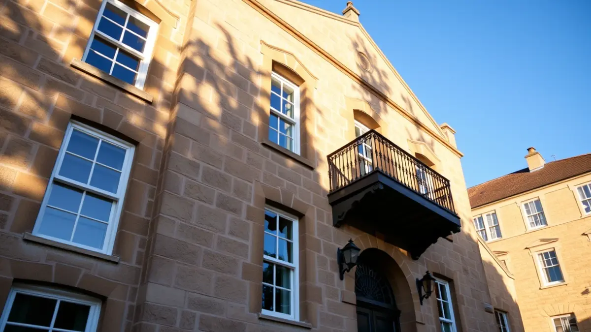 Fachada de un ayuntamiento tradicional con balcón y barandillas de hierro, bajo la luz del sol de la tarde.