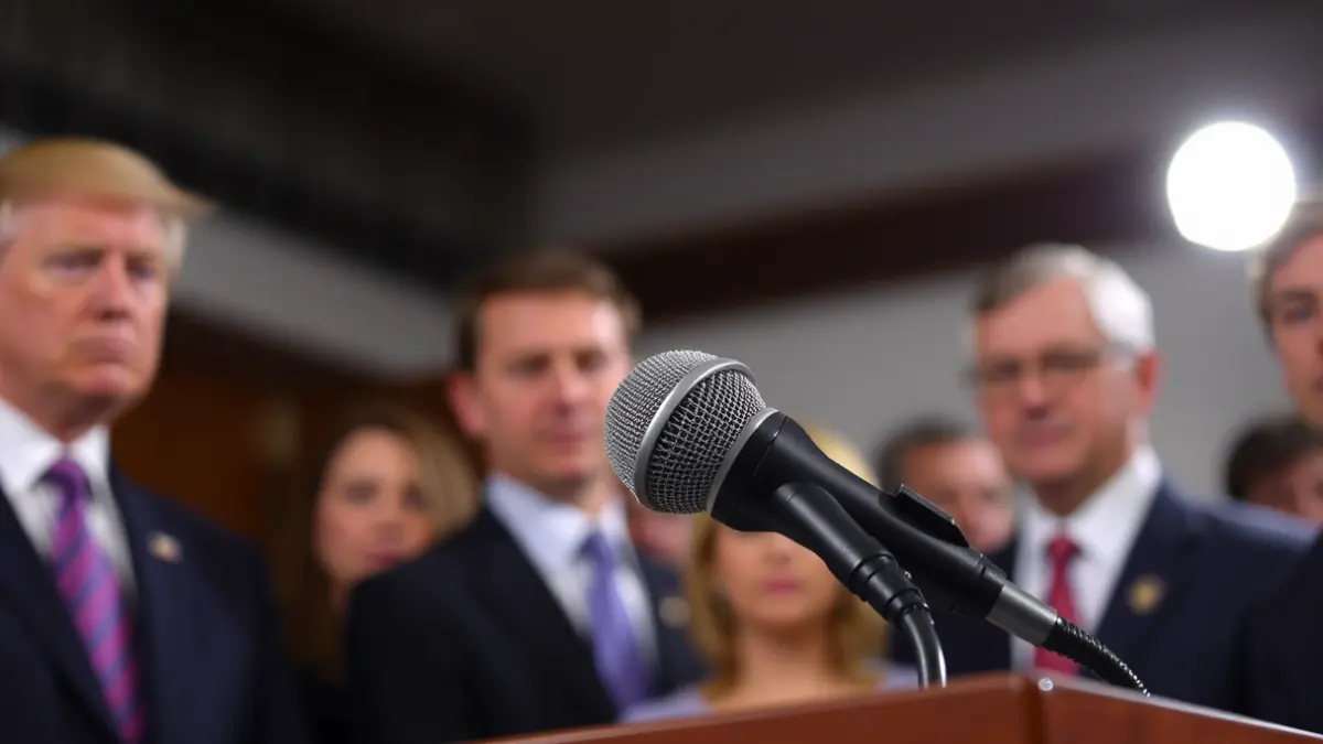 Generic image of a microphone on a podium during a press conference.