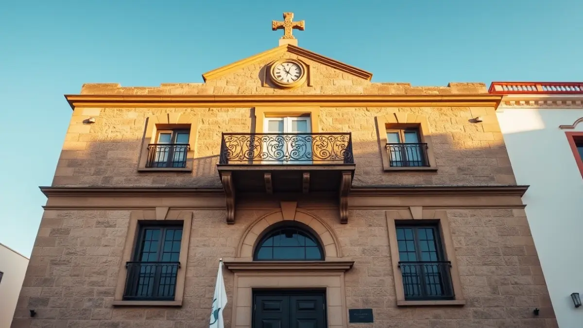 Facade of a Canarian town hall with balcony and sunlight.