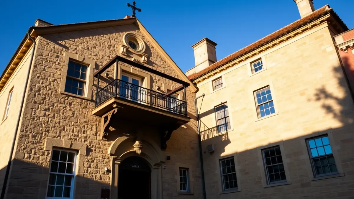 Fachada de un ayuntamiento de piedra con balcón y barandillas de hierro, bajo la luz del sol de la tarde.