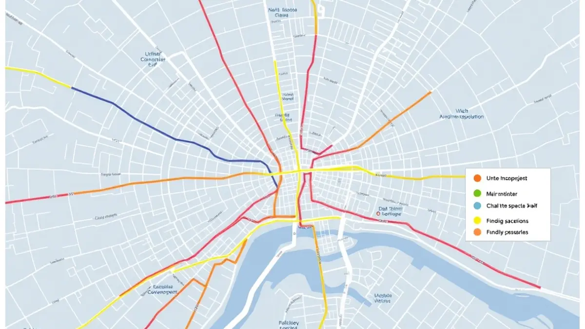 Image of an urban map with colored lines representing development projects and changes in fund allocation.