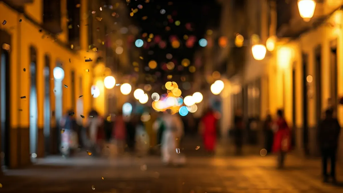 Imagen genérica de una celebración de carnaval con luces y confeti.