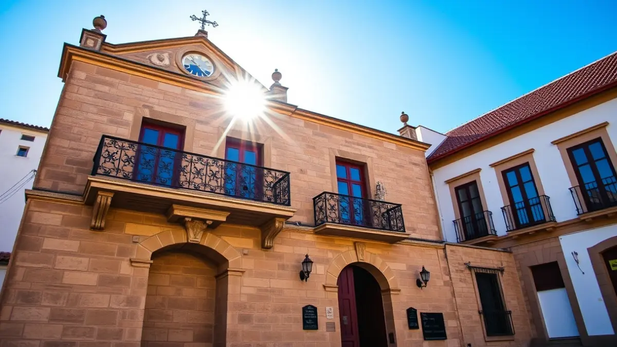 Facade of a traditional Canarian town hall with a balcony and iron railings.