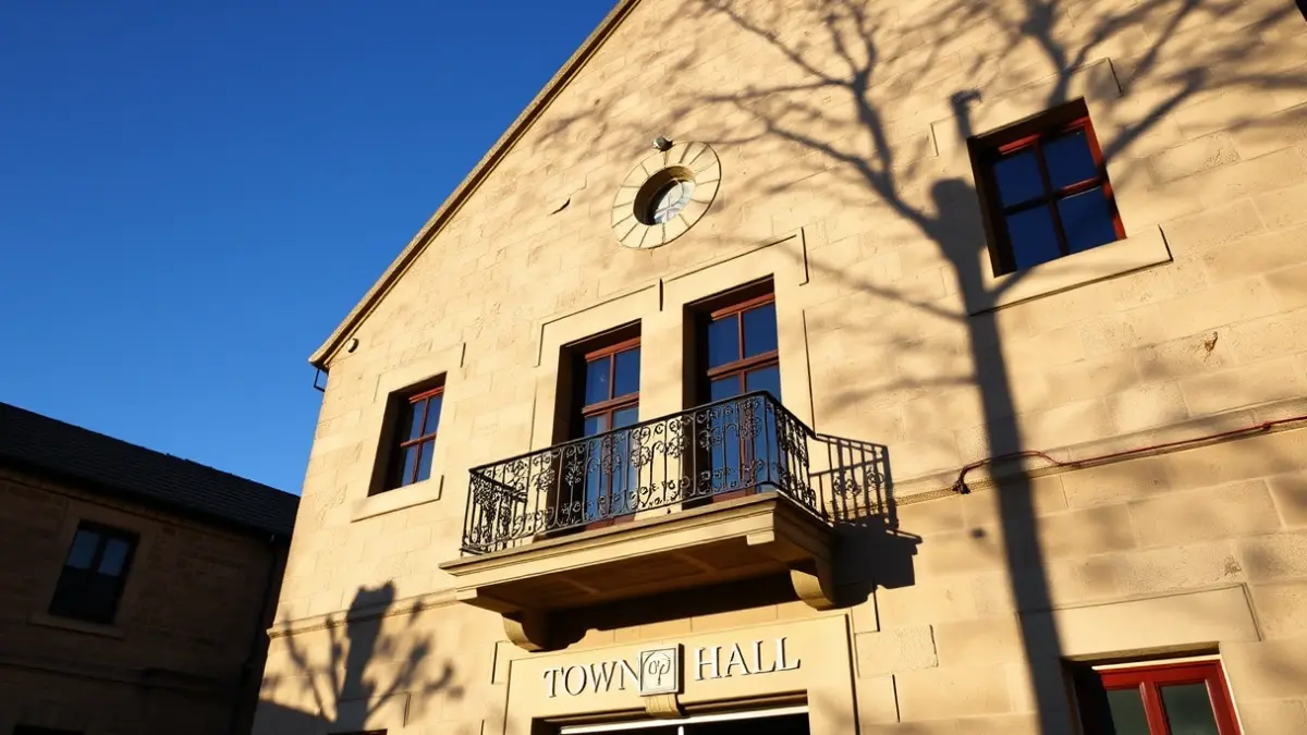 Fachada de un ayuntamiento de estilo tradicional canario con balcón y barandillas de hierro, bajo la luz del sol de la tarde.