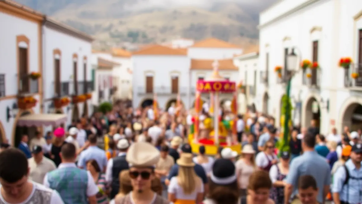 Image of a traditional pilgrimage in the Canary Islands, with people in typical costumes and a festive atmosphere.