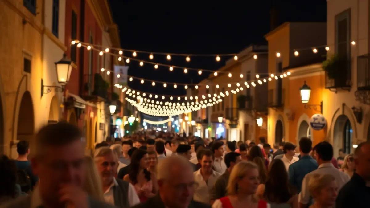 Image of a festive atmosphere in a traditional street, with people in typical costumes and warm lights.