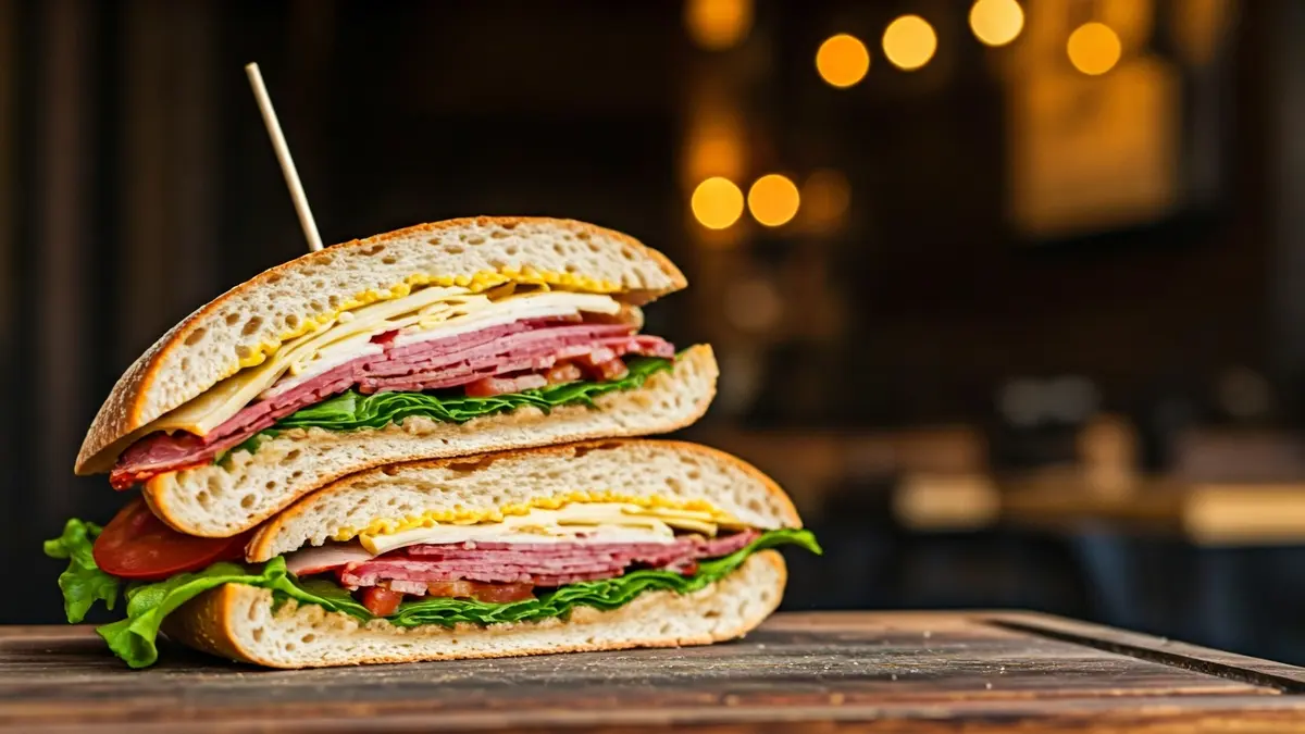 Imagen de un bocadillo gigante, conocido como 'Frankenstein', con múltiples capas de carne y otros ingredientes.