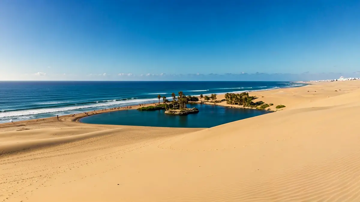 Aerial view of Maspalomas Dunes with the ocean, palm grove, and lagoon.