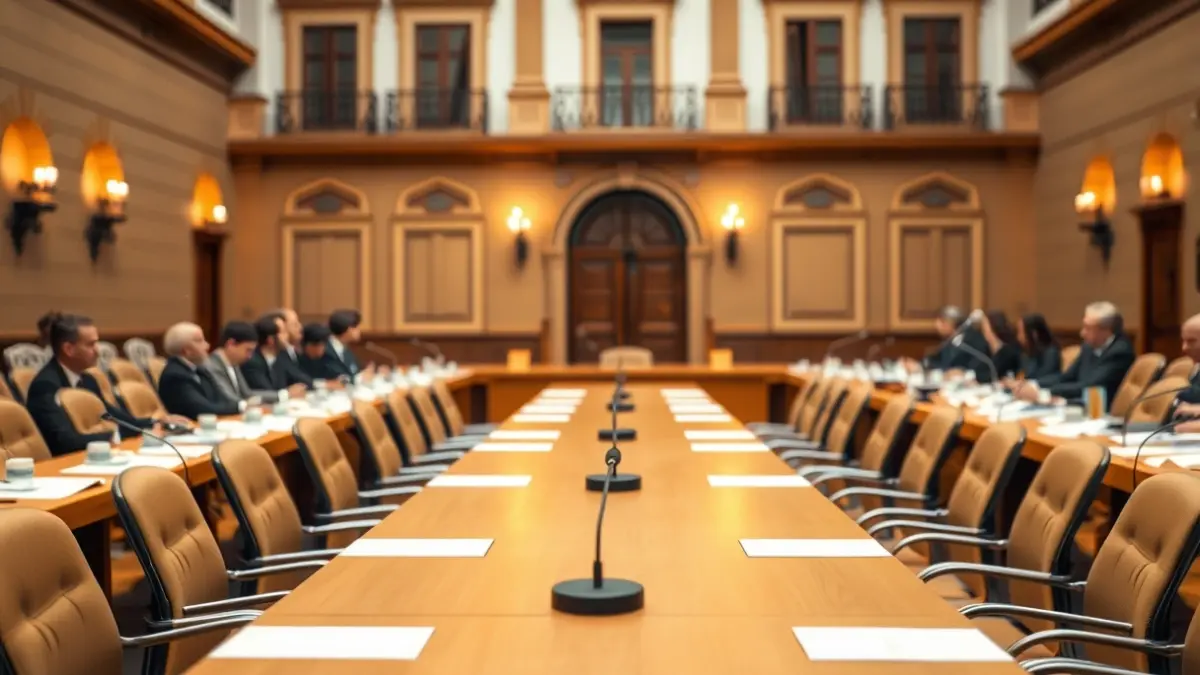 Generic image of a meeting room or plenary session, with a microphone on a lectern, symbolizing political debate.