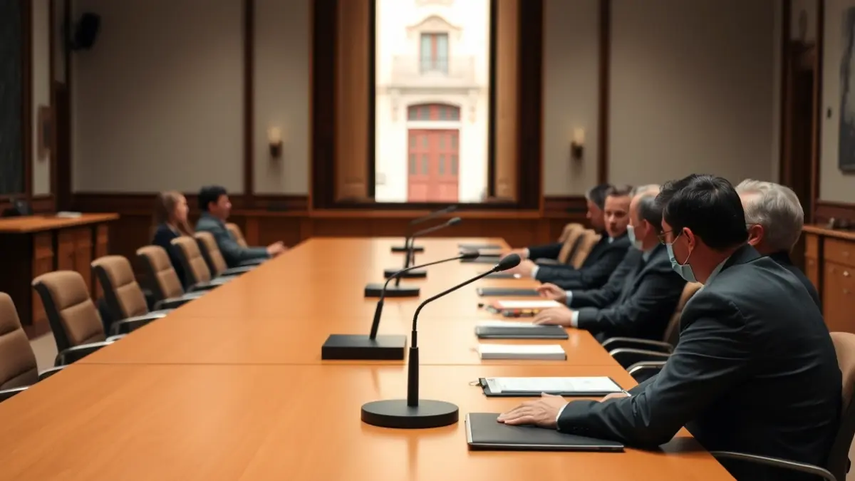 Generic image of a meeting room or plenary session, with an empty table and chairs, and a microphone on the lectern.