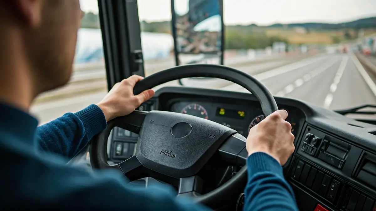 Generic image of hands on the steering wheel of a transport vehicle.