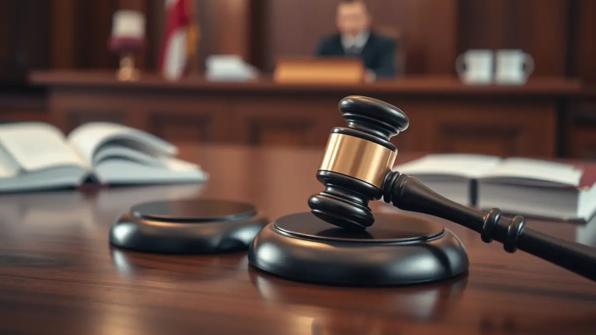 Generic image of a judge's gavel on a desk in a courtroom.