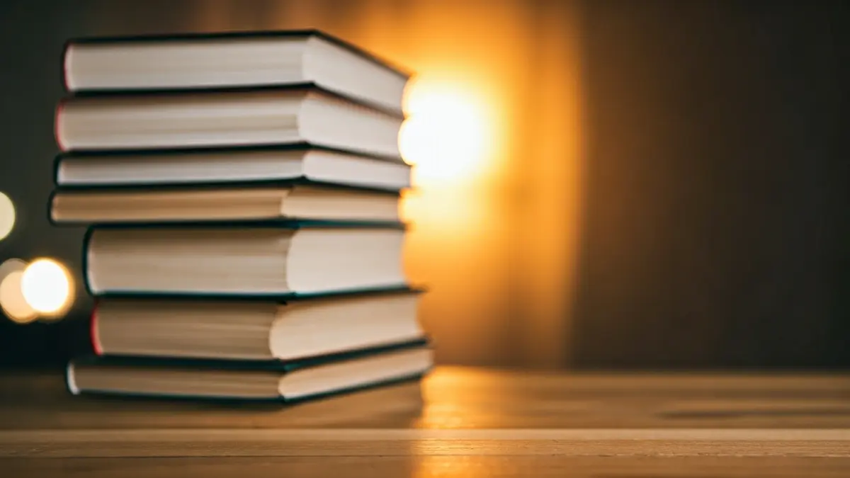 Imagen genérica de libros apilados en una mesa de madera, con luz cálida.