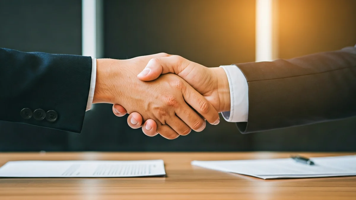 Imagen genérica de dos personas dándose la mano sobre un escritorio, simbolizando un acuerdo o colaboración.