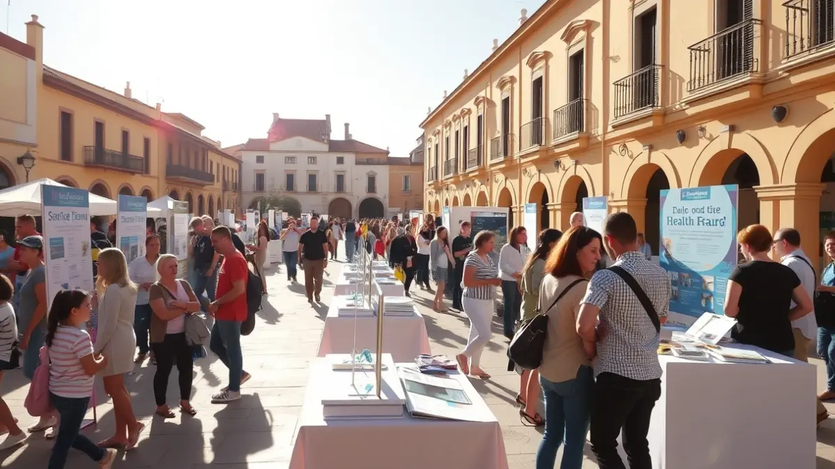 Image of a health fair in a Canarian urban setting, with people interacting at information stands.