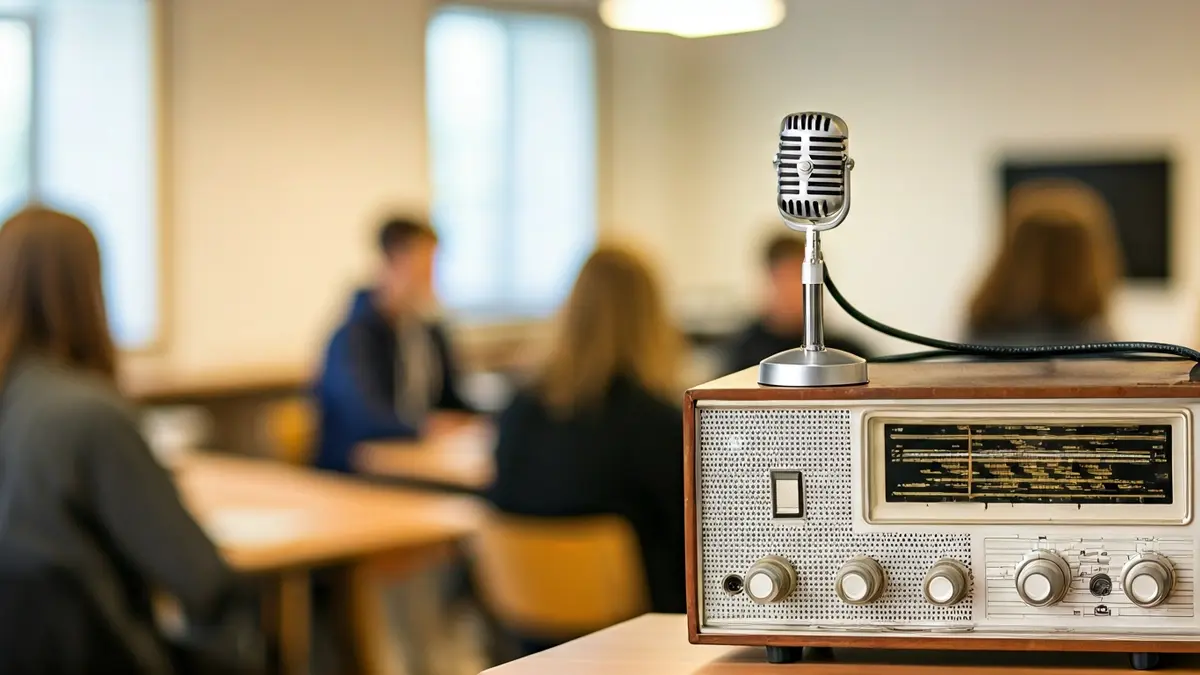 Imagen de un micrófono y una radio antigua, simbolizando la educación a distancia.