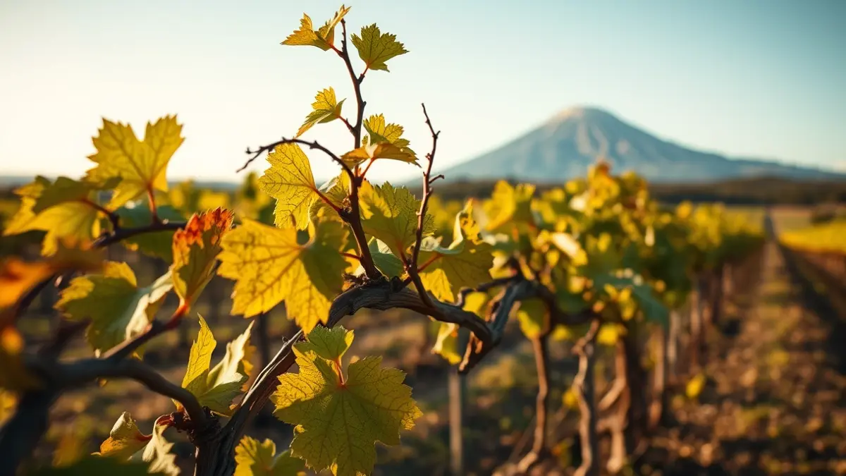 Imagen de parras centenarias afectadas por la fauna cinegética en un paisaje volcánico.