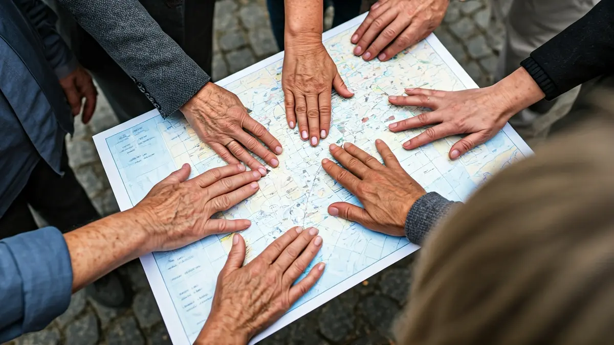 Imagen genérica de manos de diferentes edades sobre un mapa, simbolizando la colaboración comunitaria.