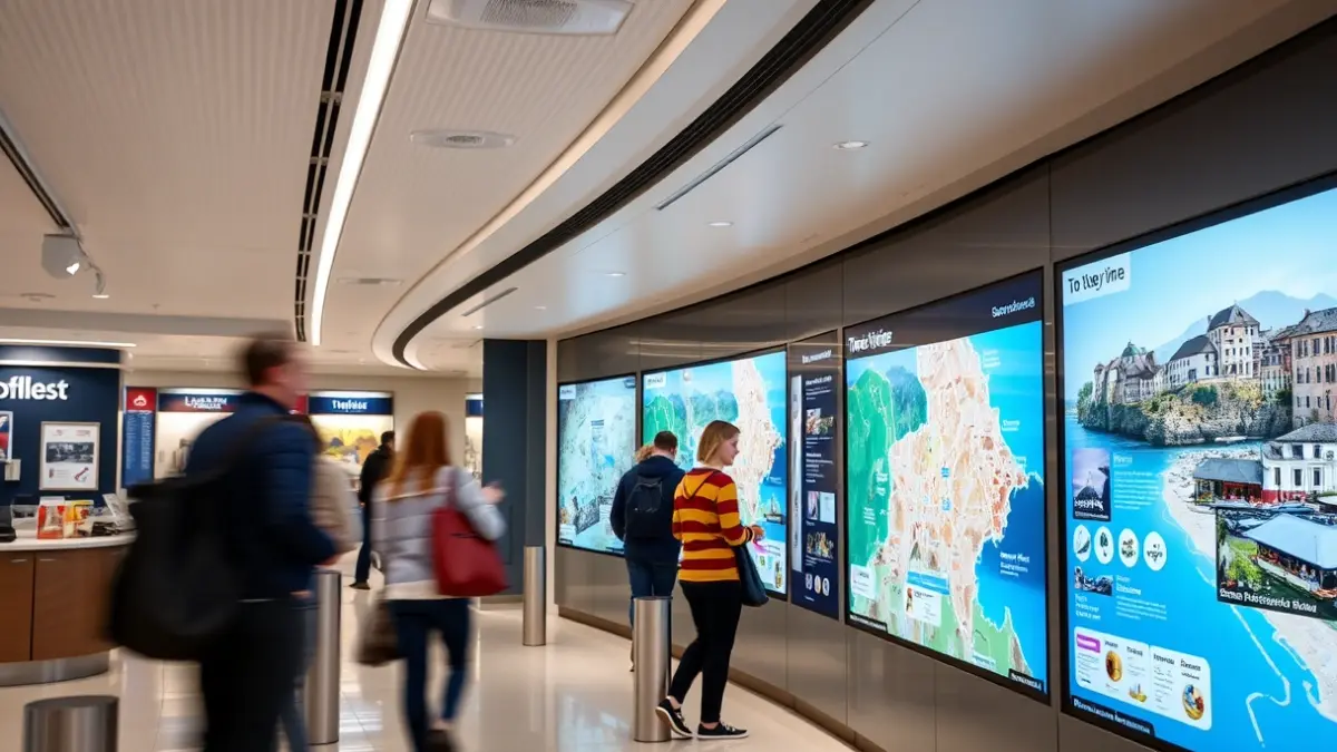 Imagen genérica de una oficina de turismo moderna con pantallas digitales.