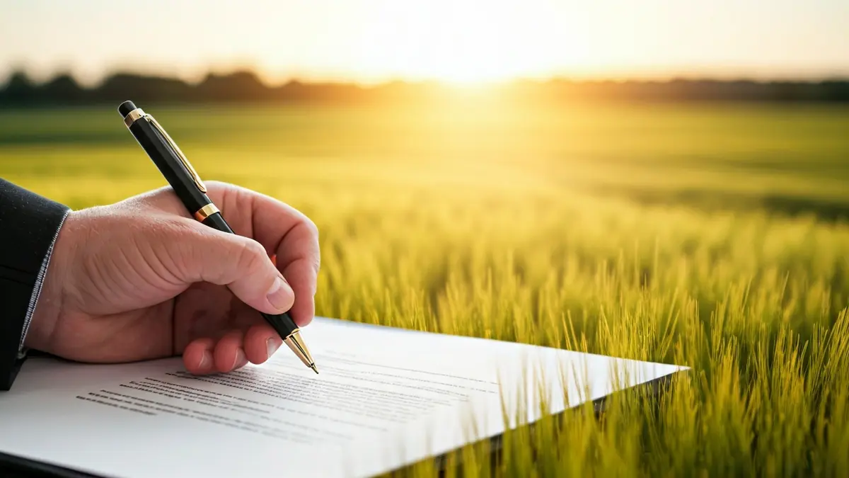 Imagen genérica de una mano firmando un documento con un paisaje agrícola de fondo.