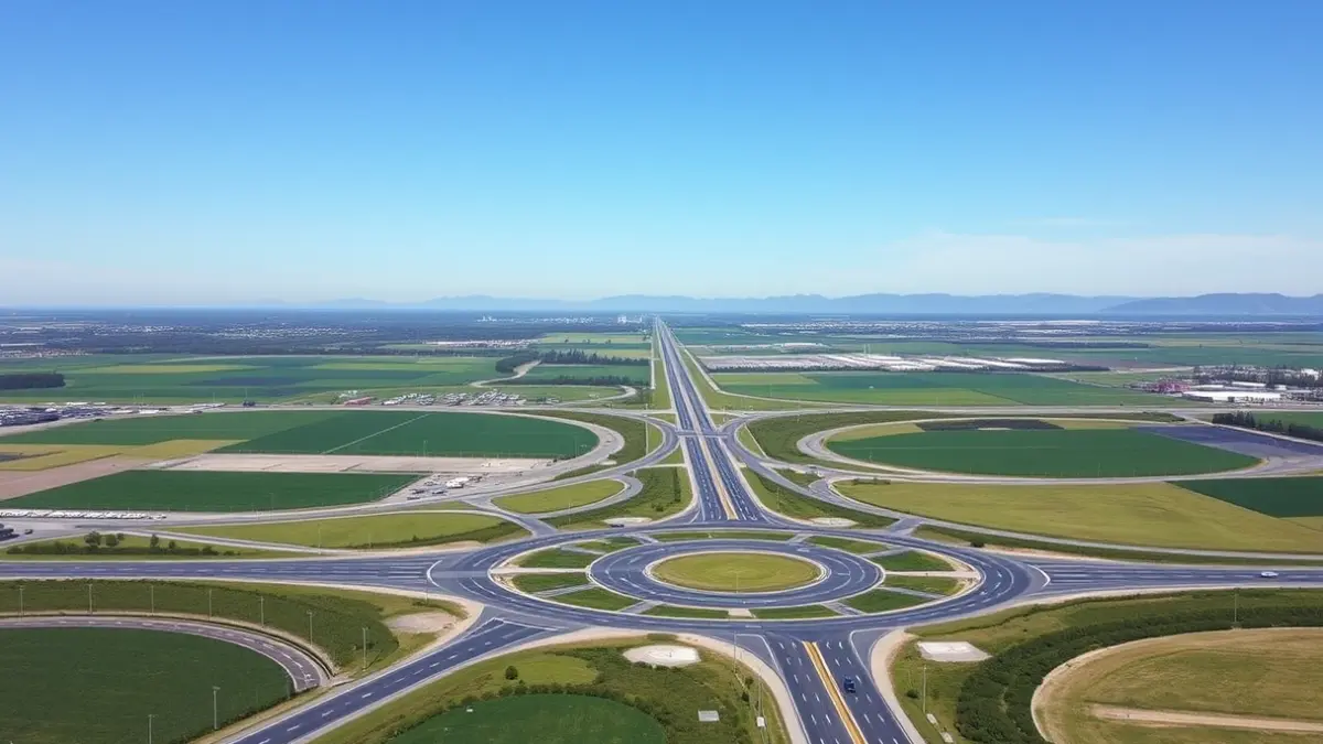 Vista aérea de los accesos a un polígono industrial con varias vías y rotondas.