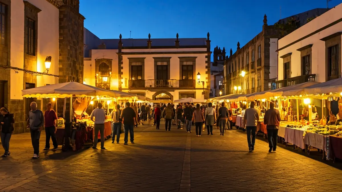 Image of a market square in a Canarian village, with people and historic buildings.