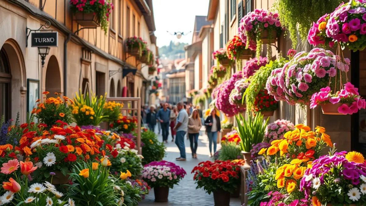 Historic town streets decorated with thousands of colorful flowers and plants.