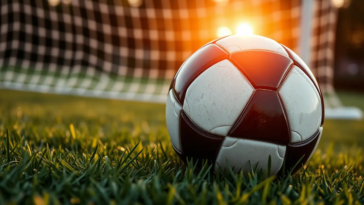 Generic image of a soccer ball on grass, with a blurred goal in the background.