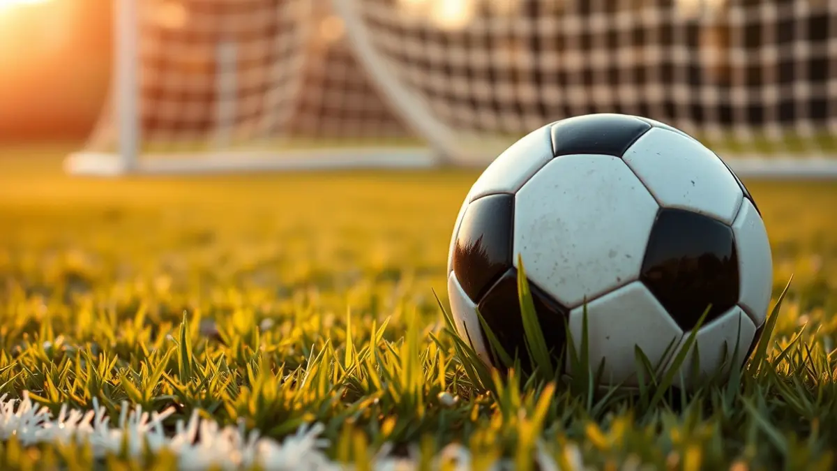 Generic image of a soccer ball on grass, with a blurred goal in the background.